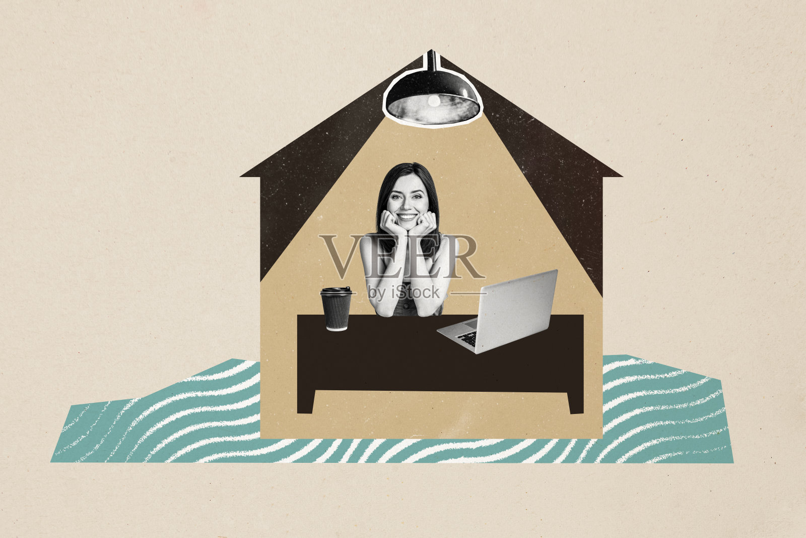 快乐女孩坐在家中桌子前，手边有麦克风和咖啡杯，享受外卖，远程工作，背景为涂鸦风格。照片摄影图片