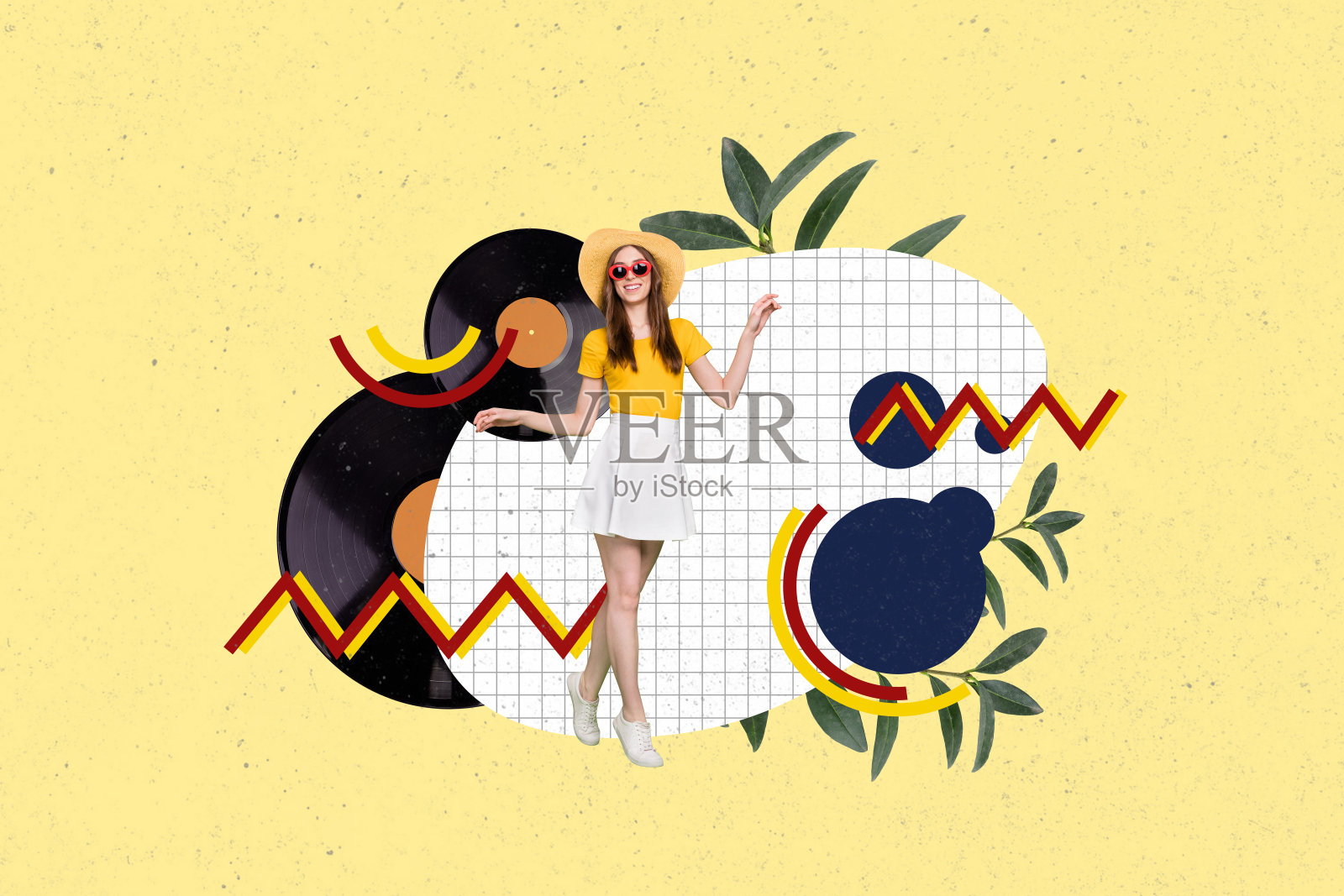 年轻时尚女士在巨大的黑胶唱片机旁复古漫步的3D拼贴艺术作品，周围环绕着植物叶子。照片摄影图片