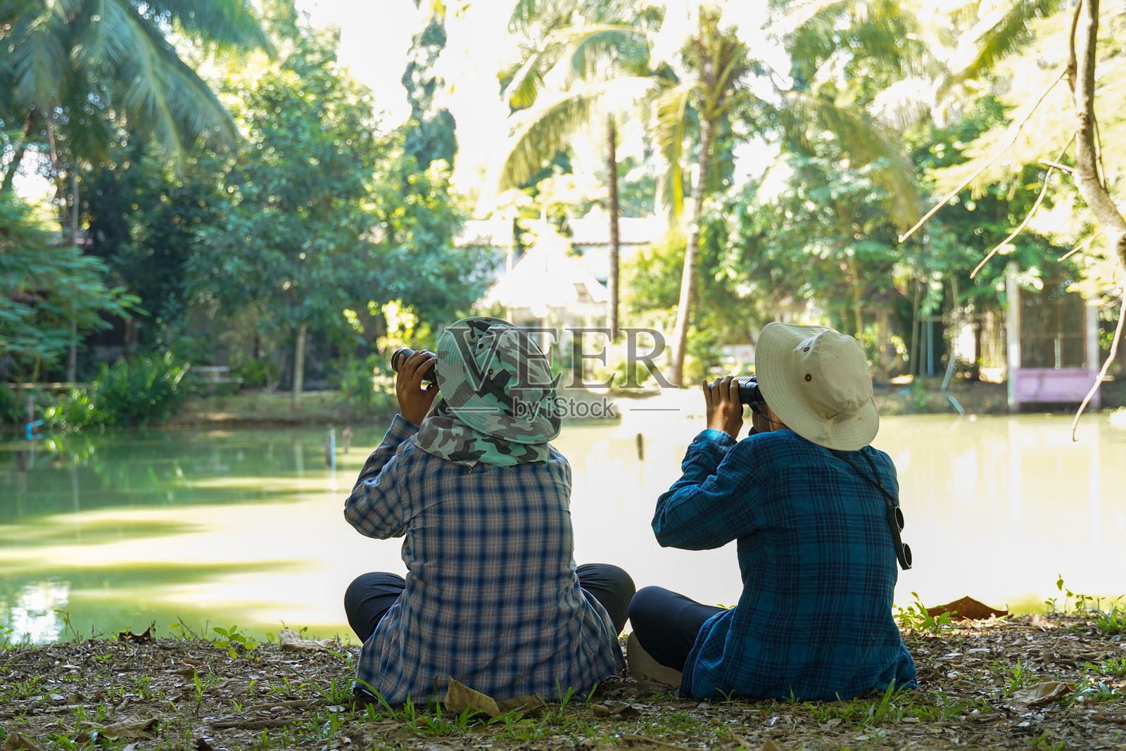 两个亚洲男孩在学校用望远镜观察当地鸟类。柔和且选择性对焦。照片摄影图片