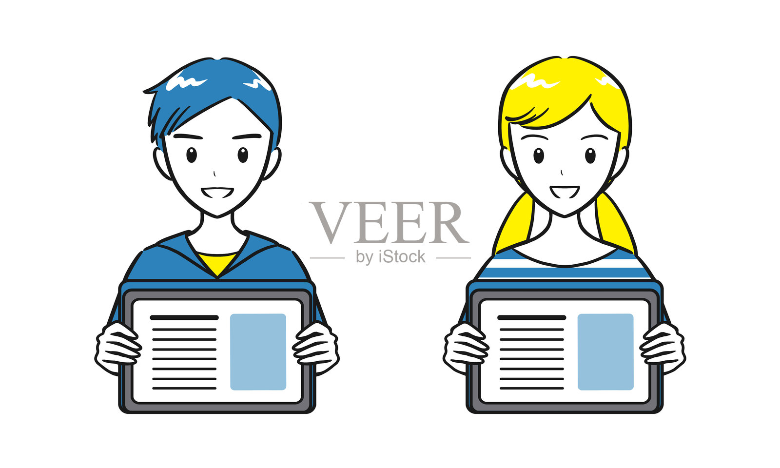 一组小学生男孩和女孩手持平板电脑（简单）插画图片素材