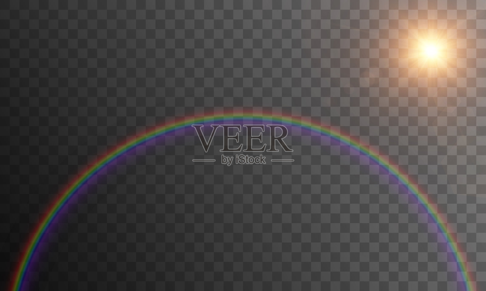 一条美丽的彩虹优雅地弯曲在柔和的灰色背景上，旁边有一个闪耀的太阳。这幅生动的图像为任何设计项目增添了一丝欢乐和色彩。插画图片素材