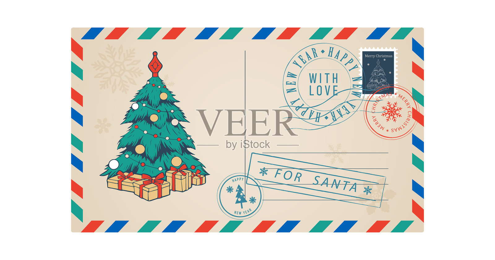 带有圣诞树和礼品盒的信封图像，适用于圣诞老人复古风格的圣诞贺卡。矢量插图，复古风格，白色背景上独立展示。插画图片素材