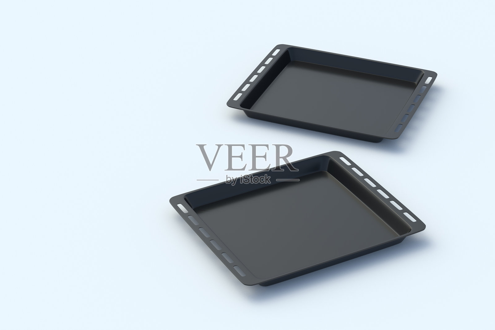 两只烤盘放在浅灰色背景上。厨房设备。烹饪配件。留白。3D渲染。照片摄影图片