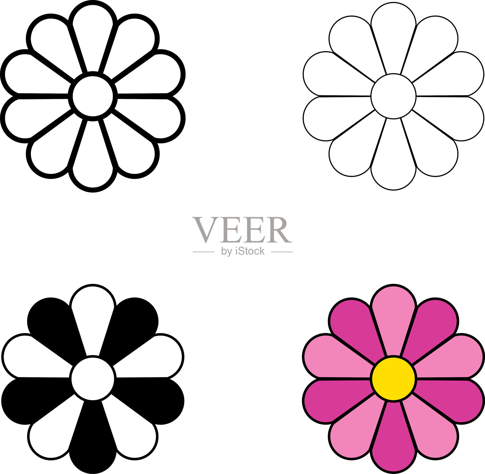 花朵图标。花朵图标集，独立于白色背景。花束图标，花束图标，植物图标，简单花朵图标，花朵线条图标。花卉矢量元素集合。花卉图标集。插画图片素材