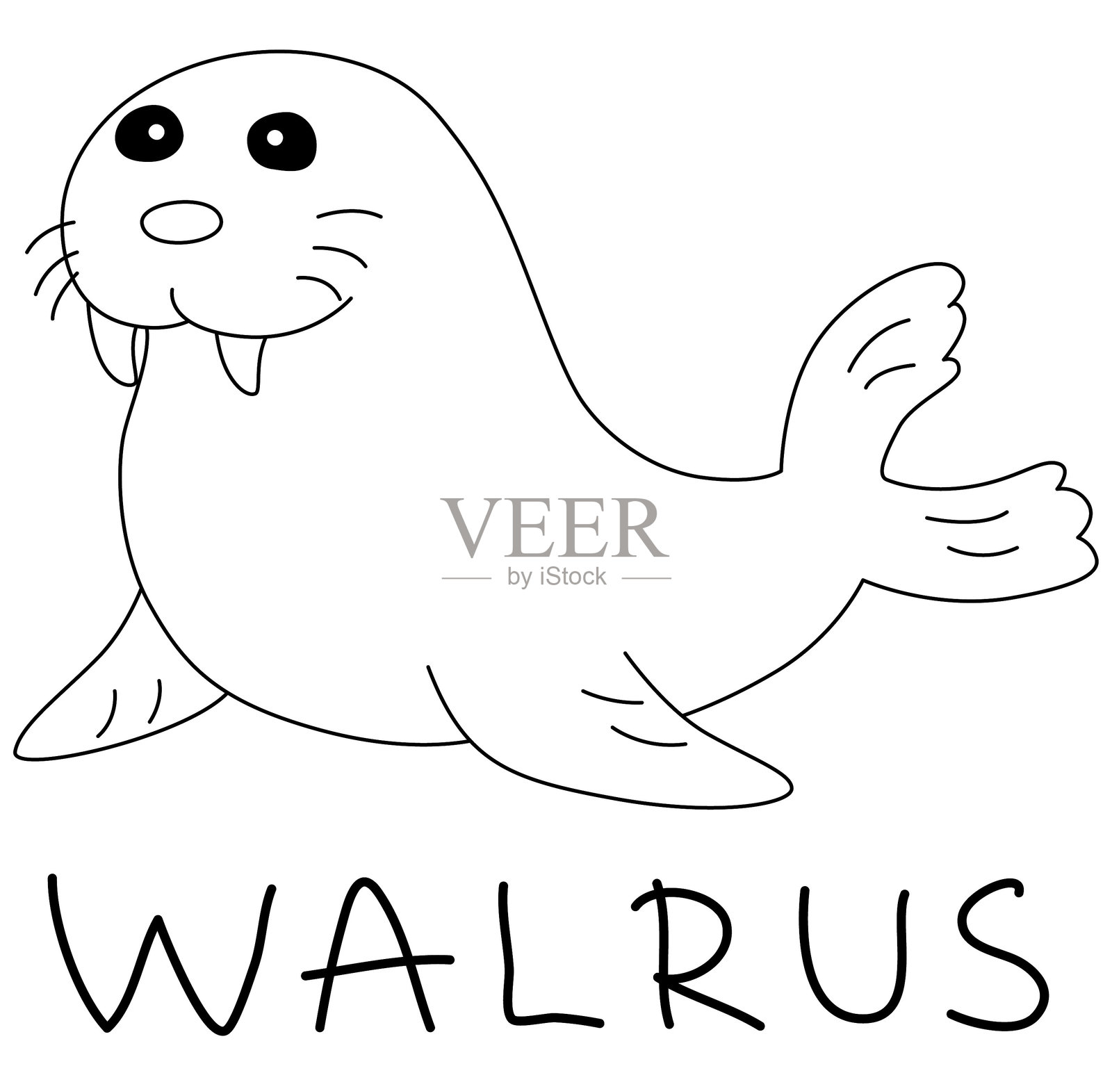 全身的海象，带着獠牙，下面有手写的文字插画图片素材