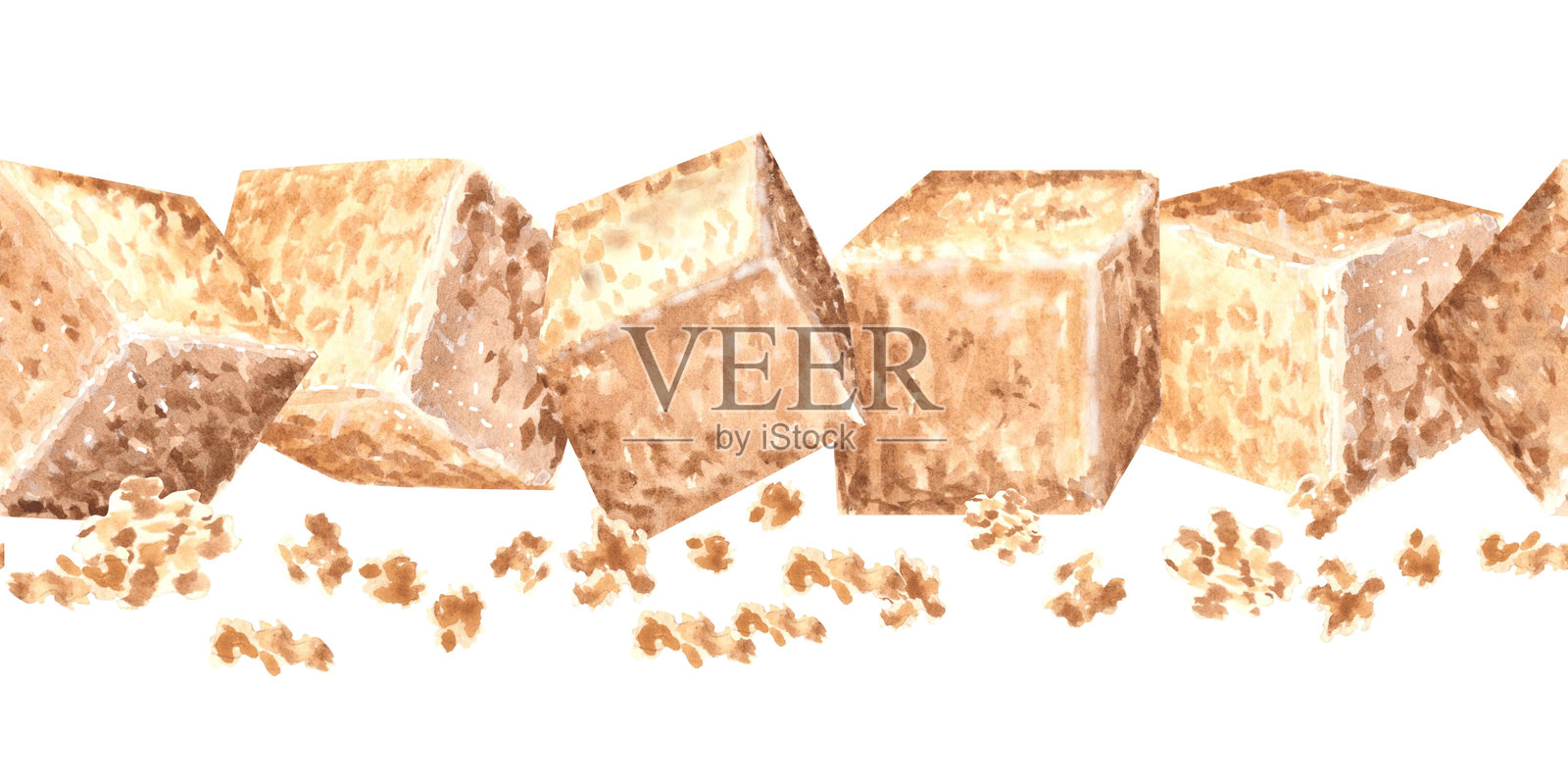 棕糖块。无缝边框。手绘水彩插图。甘蔗加工产品。天然甜食设计。烹饪原料，香料。食品设计和包装模板。插画图片素材