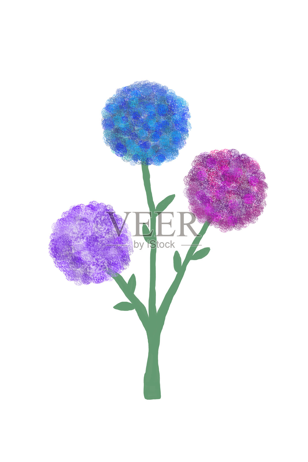 三朵色彩缤纷的花束插图。一朵紫色，一朵蓝色，一朵粉色。白色背景。插画图片素材