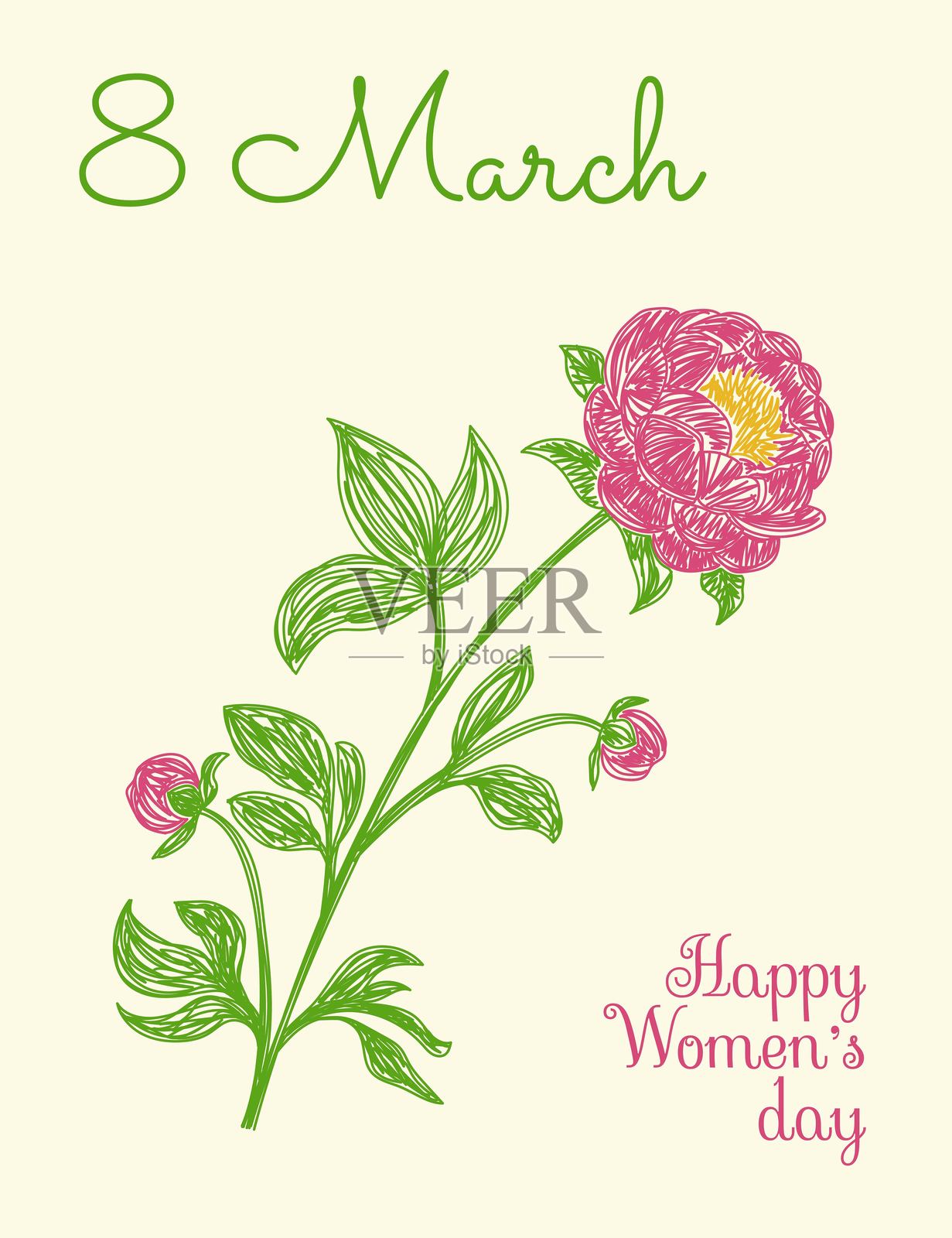 3月8日。国际妇女节贺卡。牡丹花。手绘花卉插图。钢笔或马克笔素描。矢量设计。自然铅笔画。插画图片素材