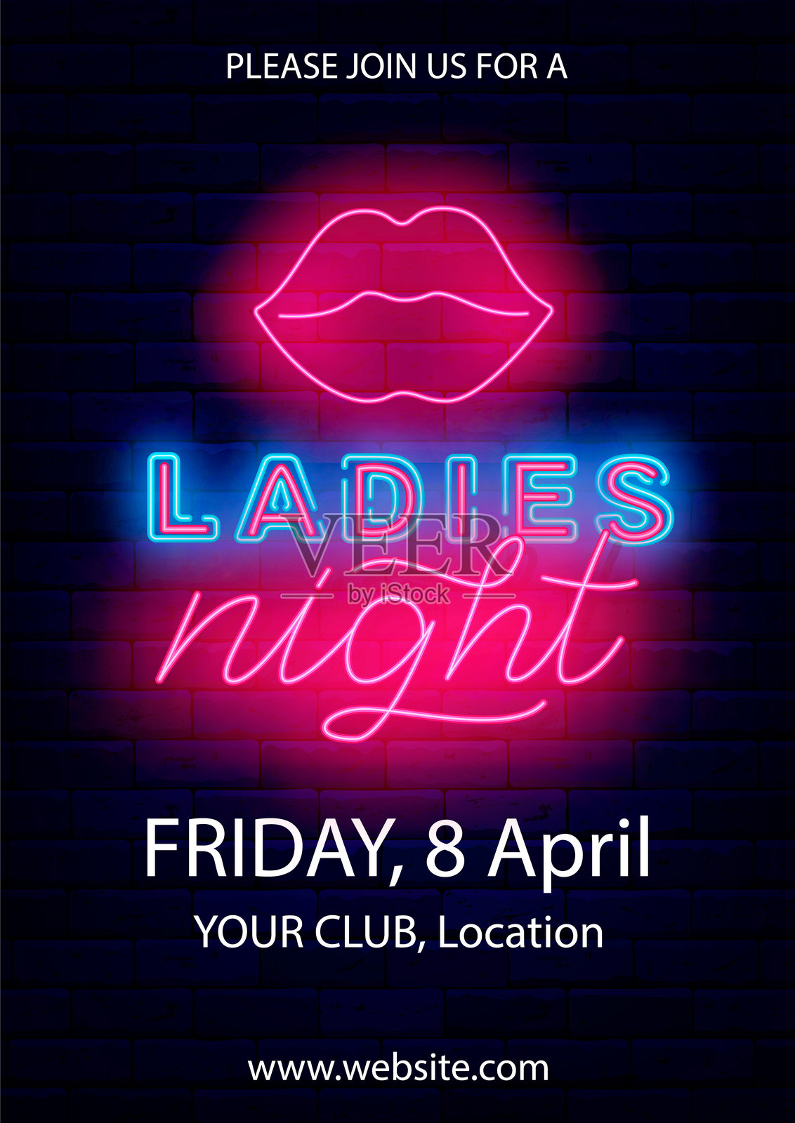 女士之夜霓虹邀请函。女孩派对。女性嘴唇。竖版传单模板。矢量库存插图插画图片素材