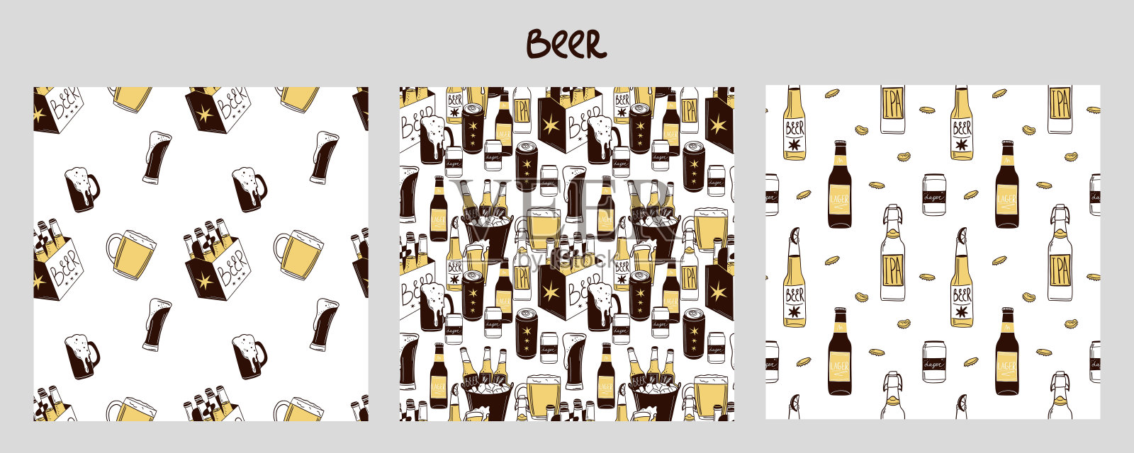 啤酒无缝图案。瓶子、玻璃杯和罐子。酒精饮料、艾尔、拉格和IPA，精酿啤酒厂。十月节酒吧饮品。装饰纺织品、包装、墙纸。面料印刷。矢量背景插画图片素材