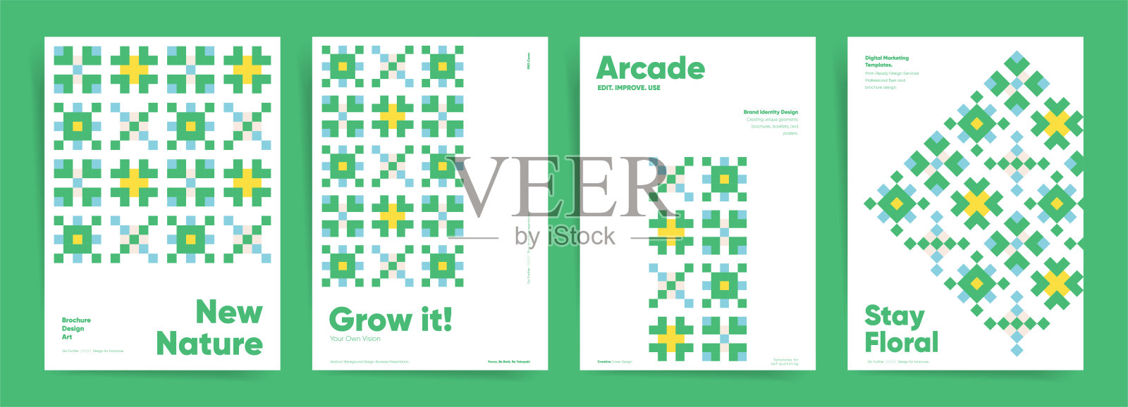 自然几何图案封面设计。绿色抽象布局用于宣传册、传单、海报、商业品牌、企业形象、市场营销、广告、生态演示。插画图片素材