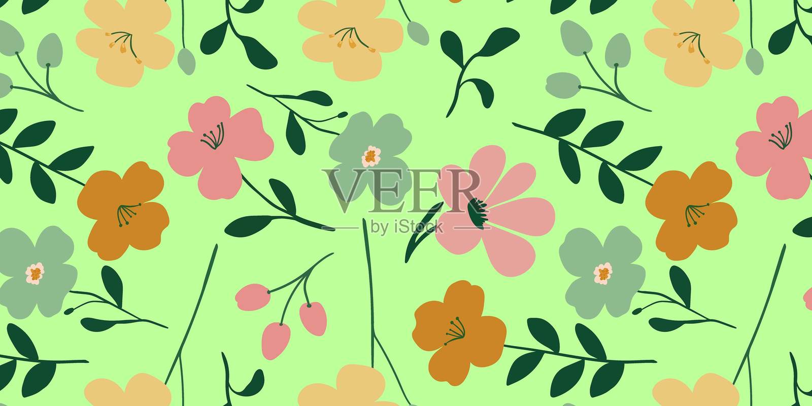 精致简约的时尚花卉无缝图案，采用柔和的粉彩色，搭配优雅的叶子和花朵，绿色的独立背景非常适合用于纺织品、壁纸和设计。插画图片素材