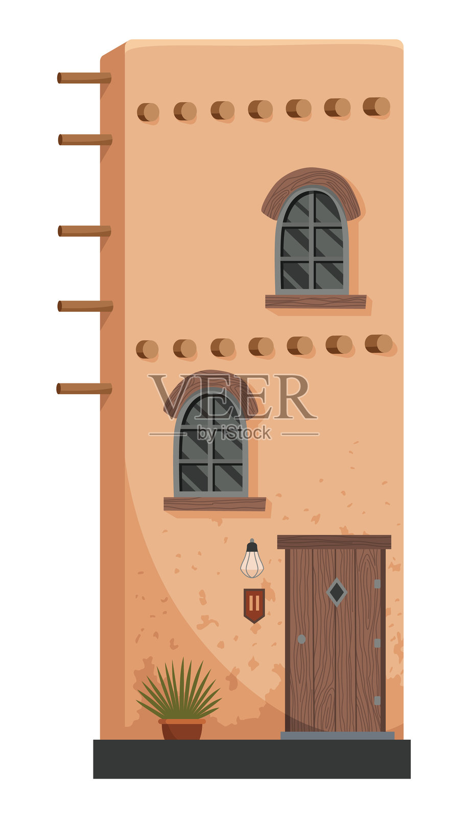 阿多比房屋。传统建筑展示了乡村建筑的工艺。使用木质元素的建筑。矢量卡通插图插画图片素材