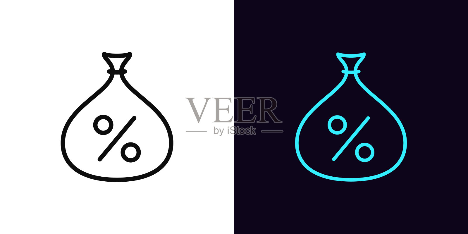 可编辑线条的百分比袋图标，带有钱袋和百分比图标，代表投资收益。百分比利率、金融利润、股息和优惠券收入、利息收入。矢量图标。插画图片素材