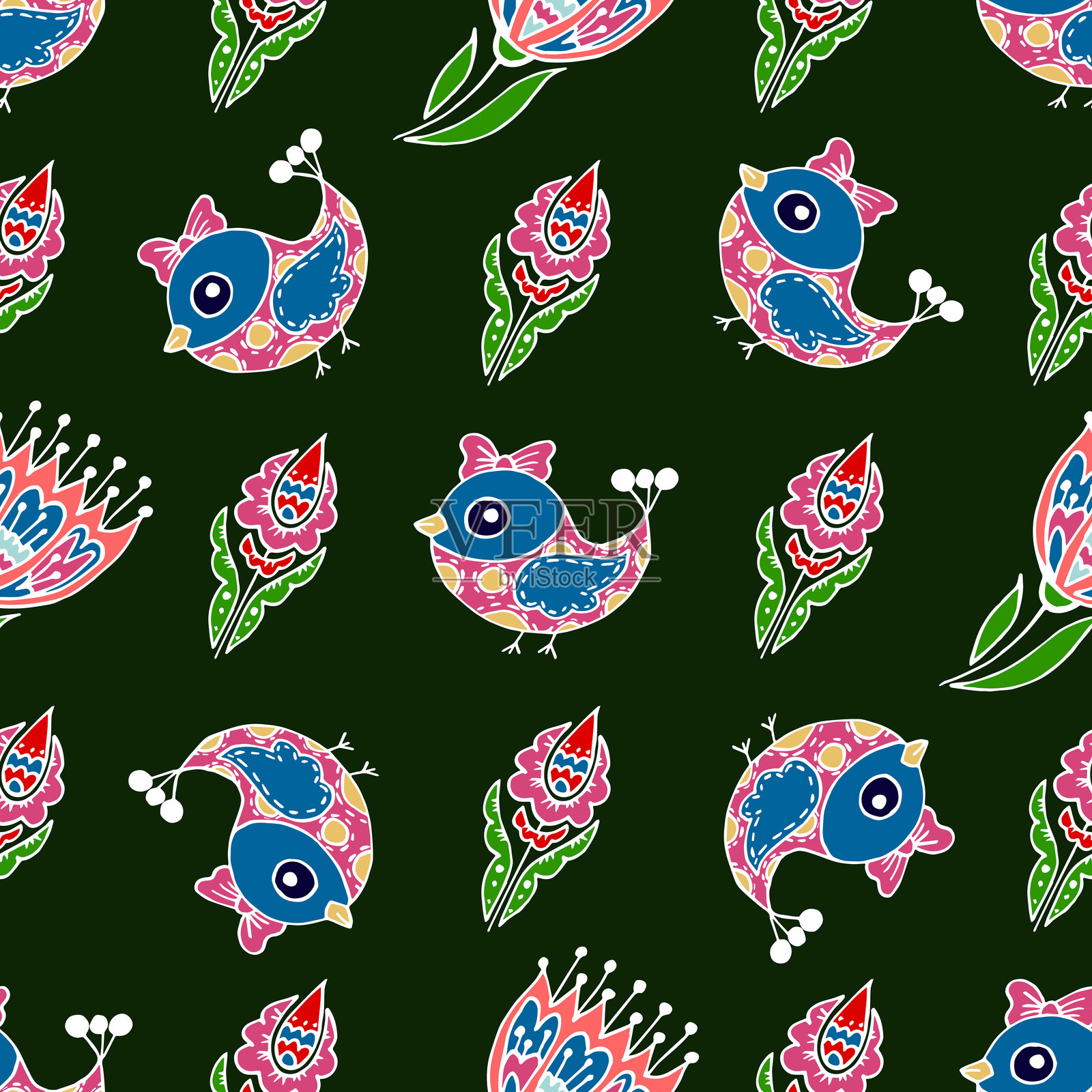 民间鸟花装饰。手绘风格的图案，专为面料设计。插画图片素材