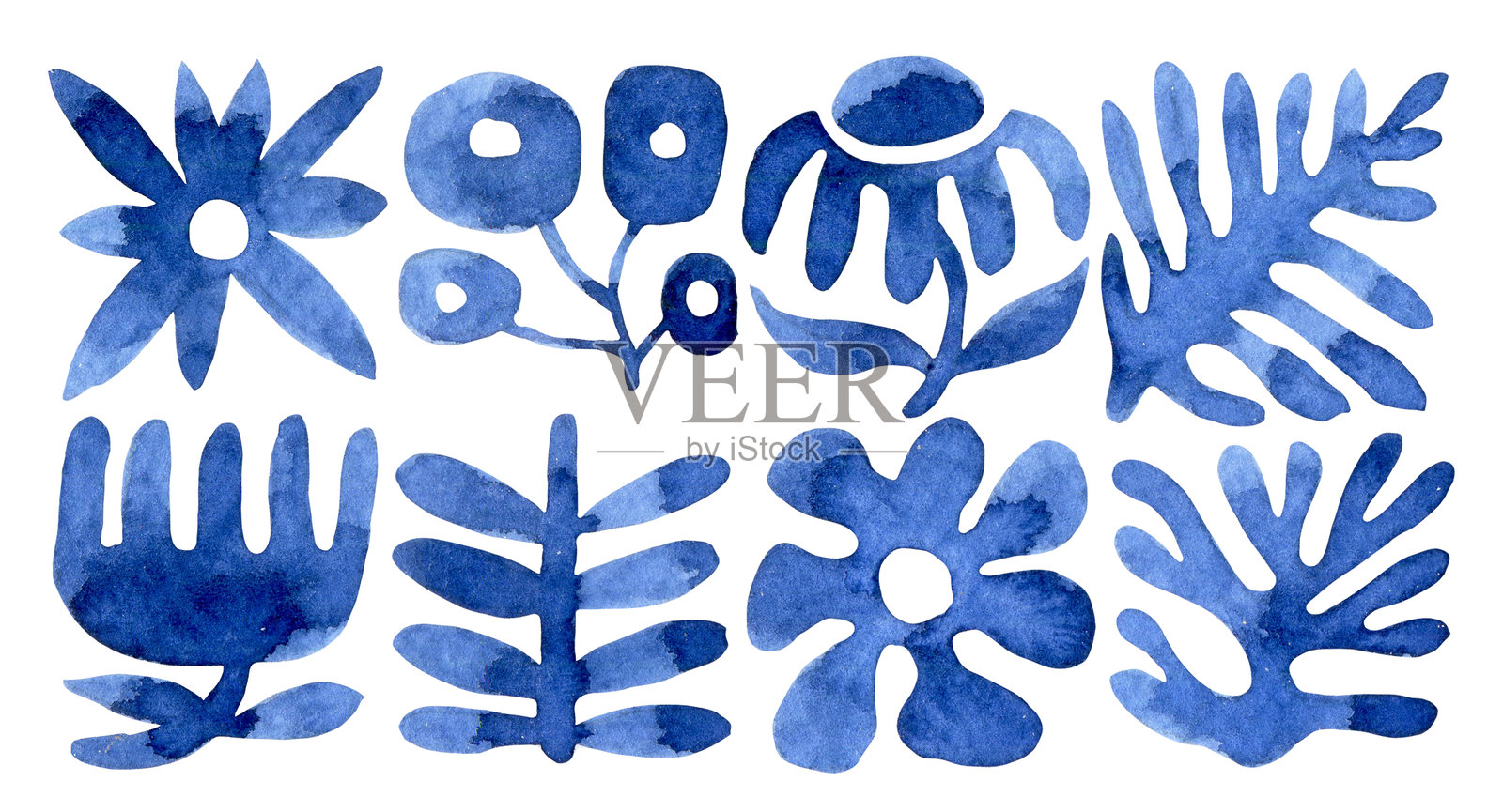 现代风格的抽象花卉和植物组合。蓝色水彩。插画图片素材