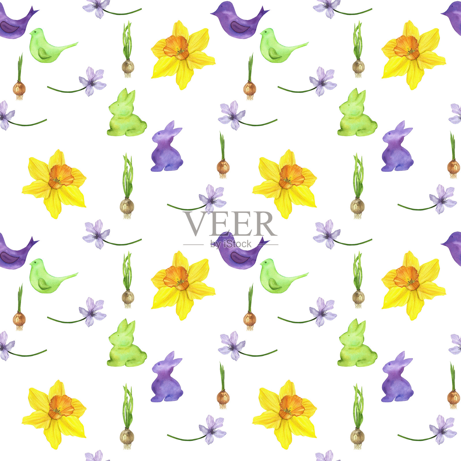 鸟类、兔子、黄水仙、花 bulb、可爱的春季无缝水彩图案插画图片素材