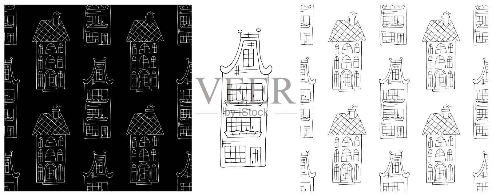 单色房屋。城市无缝图案集插画图片素材