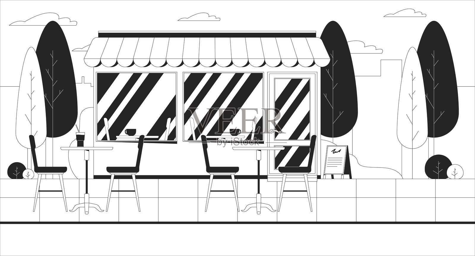 空荡荡的户外咖啡馆，带有店面、遮阳篷和排成一排的桌椅插图背景插画图片素材