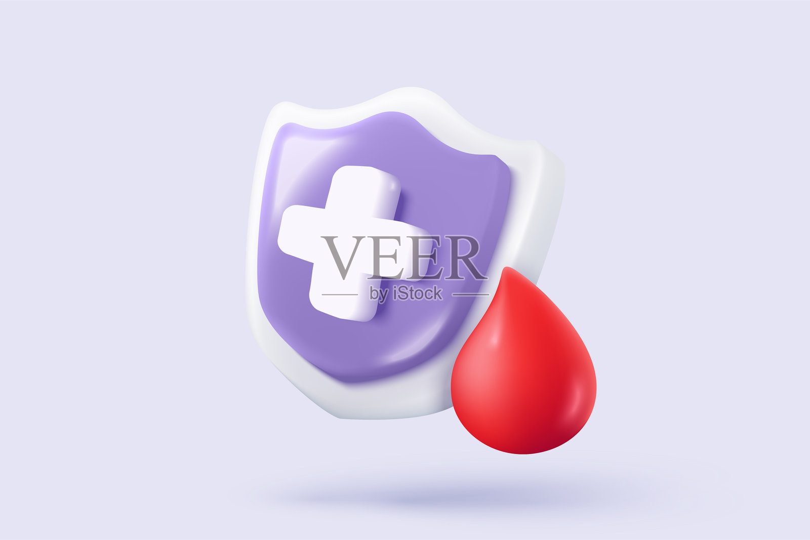 3D 血滴与医疗标志及保护符号。世界献血者日，医疗保健，血液学，医学极简概念。带阴影渲染的 3D 医疗图标矢量插图。插画图片素材