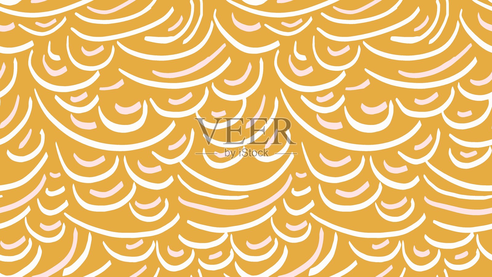 极简主义的素色印刷。复古黄色背景上的抽象有机形状无缝图案。矢量手绘草图独特的半圆形线条。现代装饰。插画图片素材