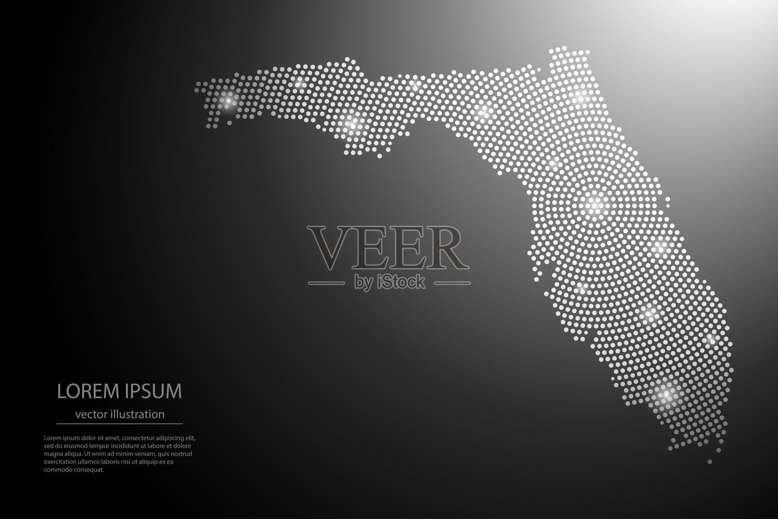 抽象的佛罗里达地图，灰色点和在黑色背景上的发光星星。插画图片素材