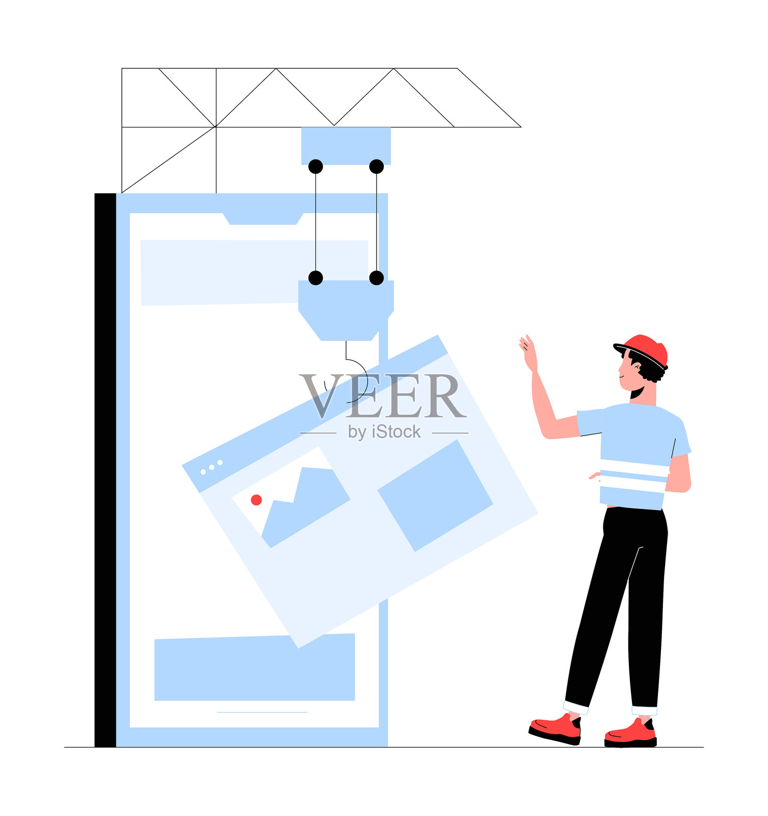 平面矢量插图展示网站建设与移动界面，象征着网页开发、用户体验设计和数字创新，背景为白色。插画图片素材