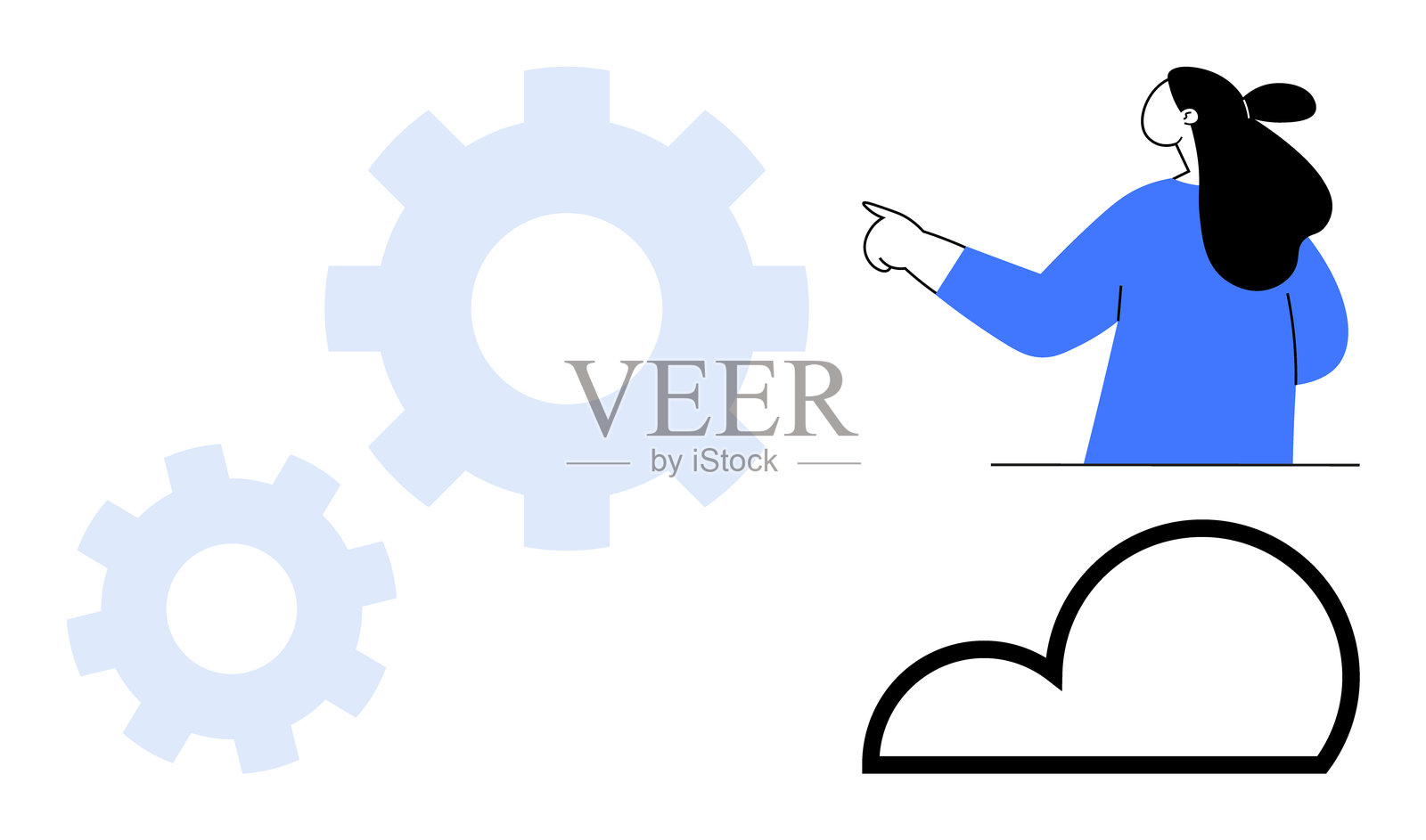 简单现代风格的商业概念，人物指向齿轮和云朵轮廓插画图片素材