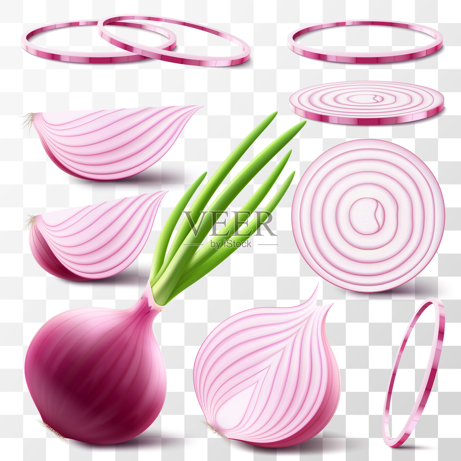 整颗、半颗和切片的新鲜洋葱。成熟的红洋葱与绿色羽毛的组合，背景透明。健康食品。天然蔬菜。逼真的3D矢量插图。插画图片素材