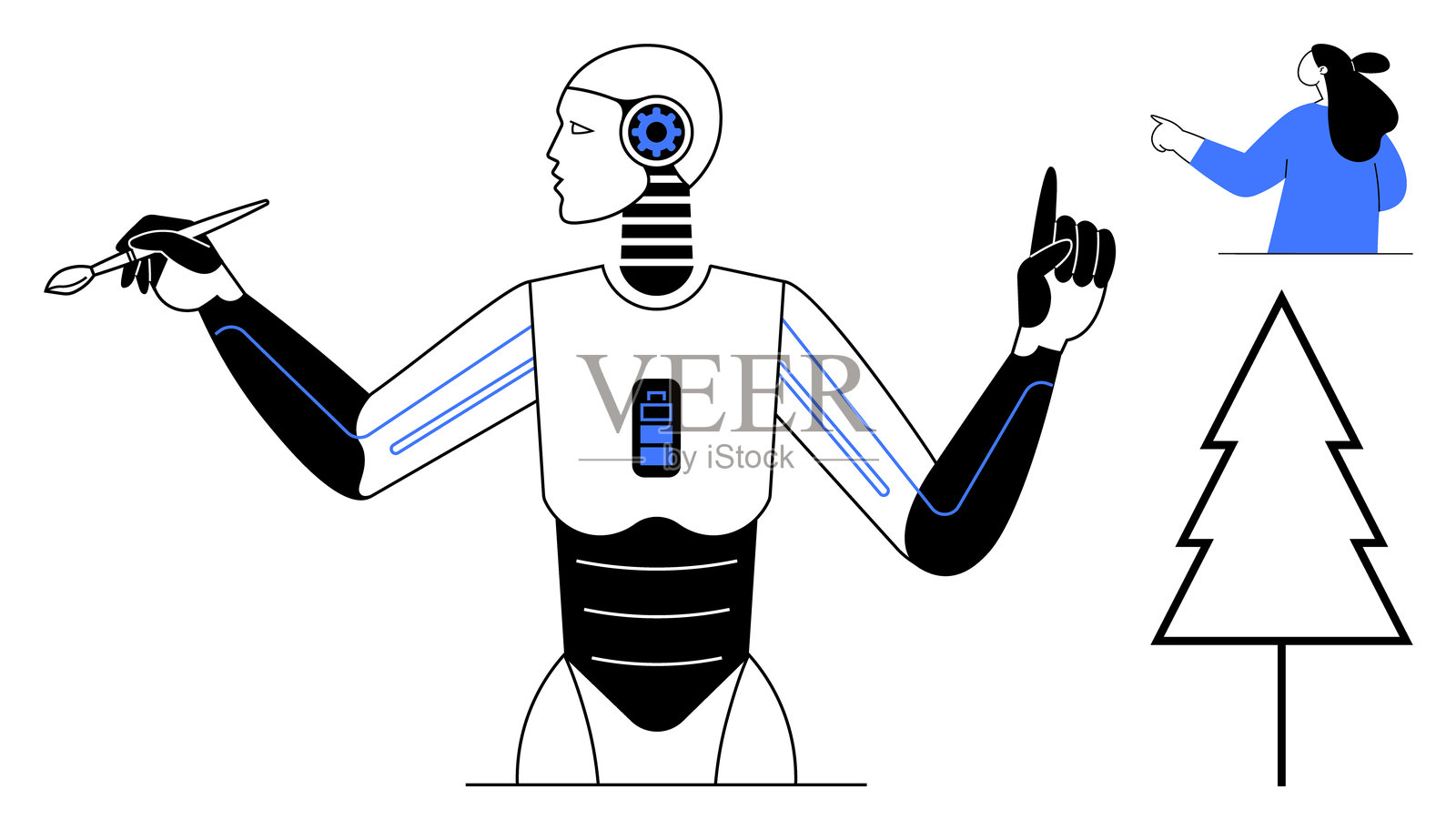 一幅具有类人精确度和细节的未来主义机器人画作插画图片素材