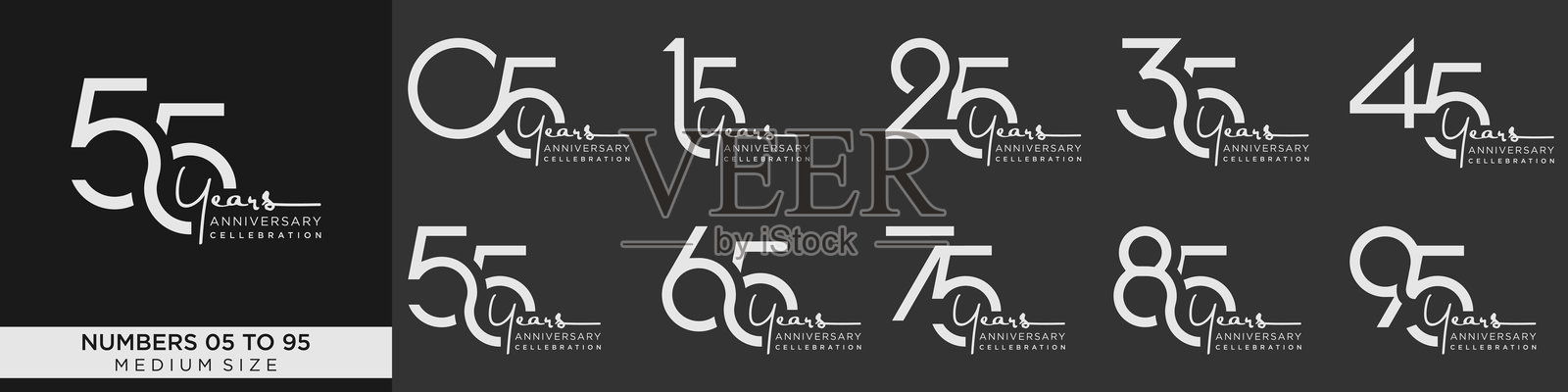 15到95年的周年纪念收藏，创意数字设计矢量插图。插画图片素材