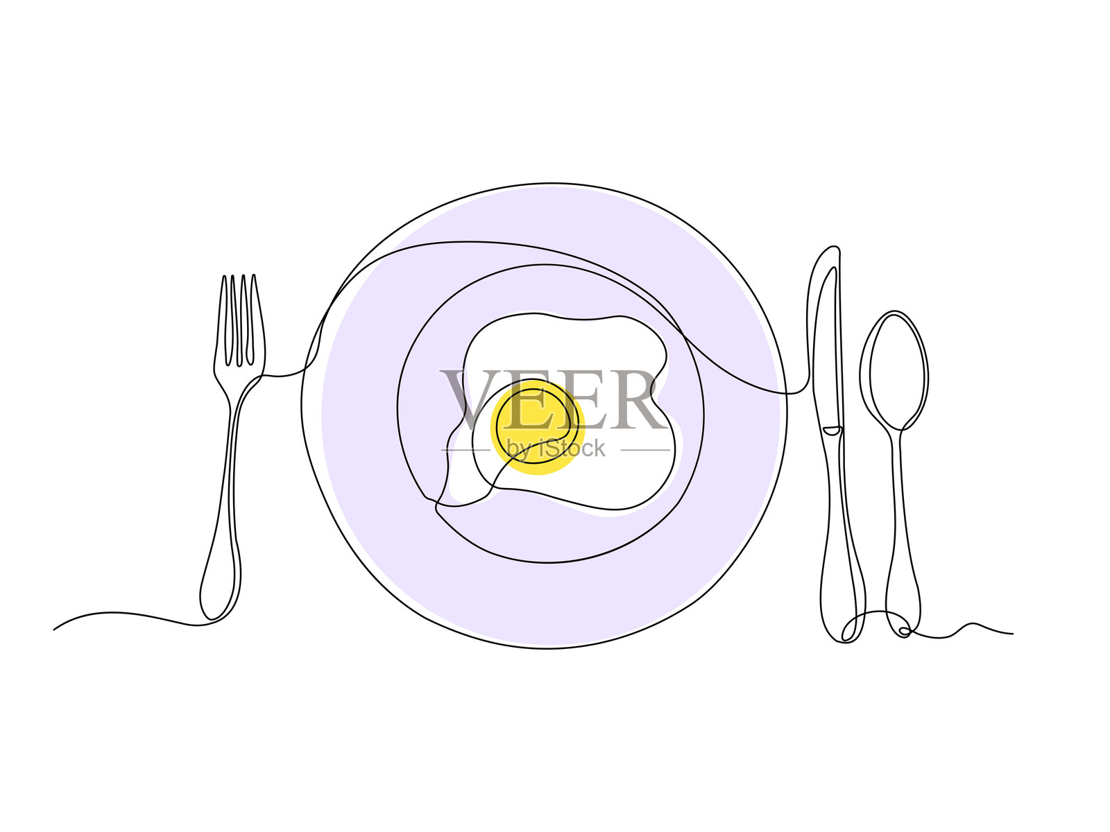 抽象早餐，盘子上的煎蛋，连续的单线艺术手绘草图标志插画图片素材