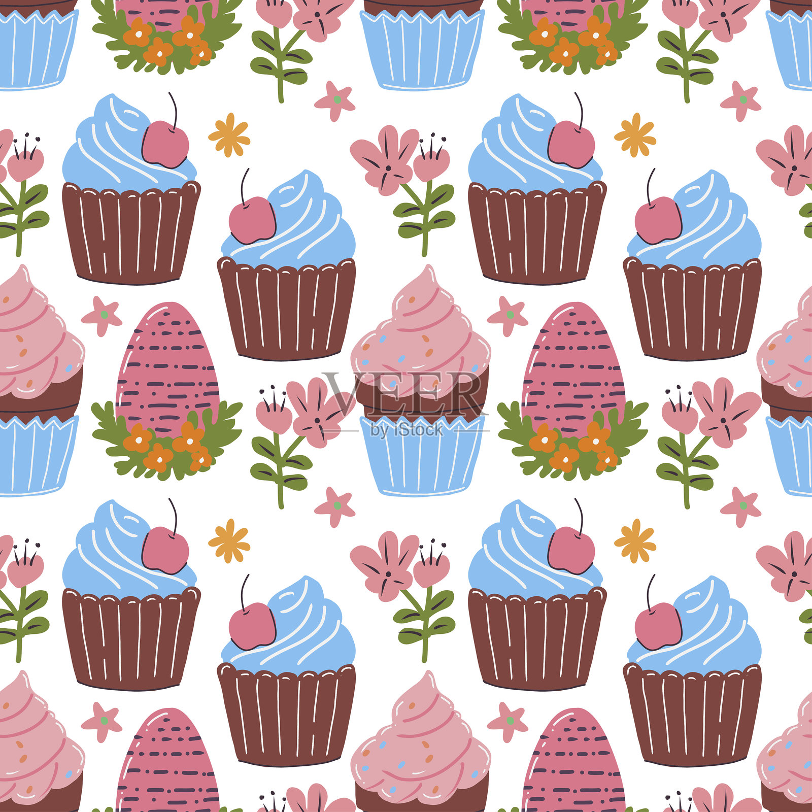 带有花朵和复活节彩蛋的杯子蛋糕图案。杯子蛋糕有各种颜色和大小，花朵散布在整个设计中。插画图片素材