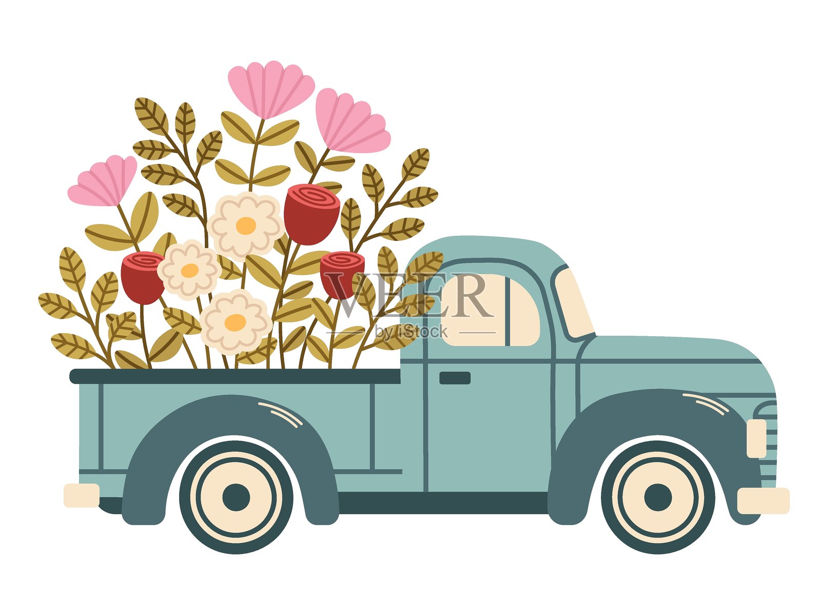 蓝色卡车上装满了花朵、树枝、细枝、郁金香、雏菊、玫瑰和 chrysanthemums。精致温柔的田园风格元素与植物元素相结合。矢量插图，背景透明。插画图片素材