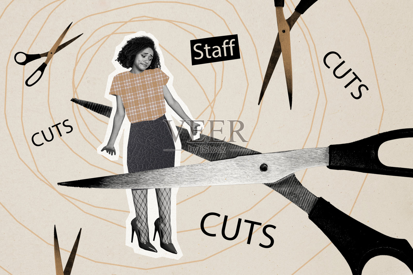 创意趋势拼贴画，困惑的女性员工，剪刀，横幅，奇异不寻常的幻想广告牌，漫画照片摄影图片