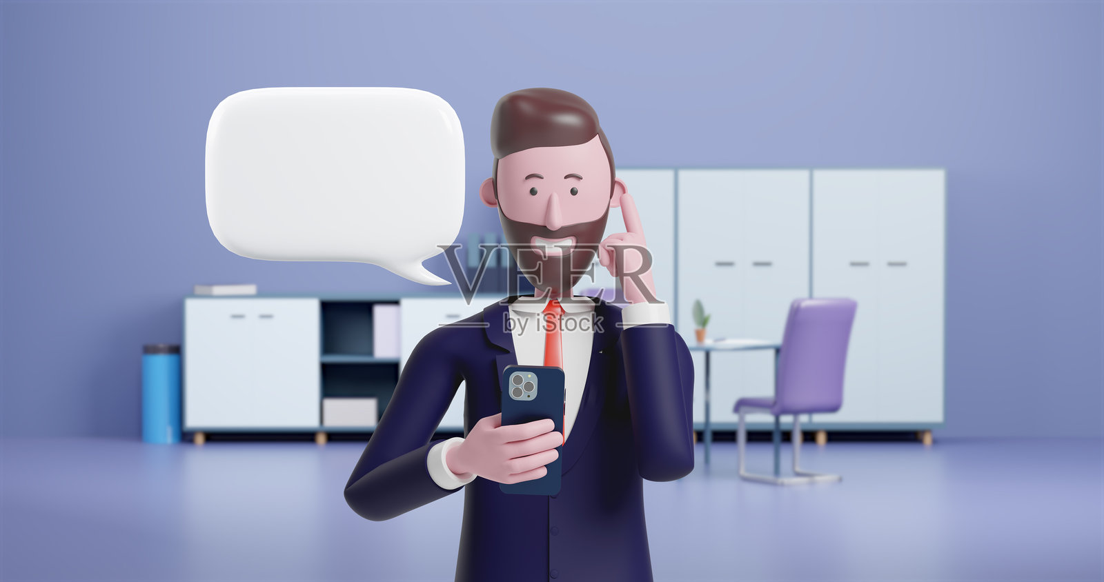 3D动画的商人使用智能手机，旁边有一个空白的白色对话气泡供填写内容。4K照片摄影图片