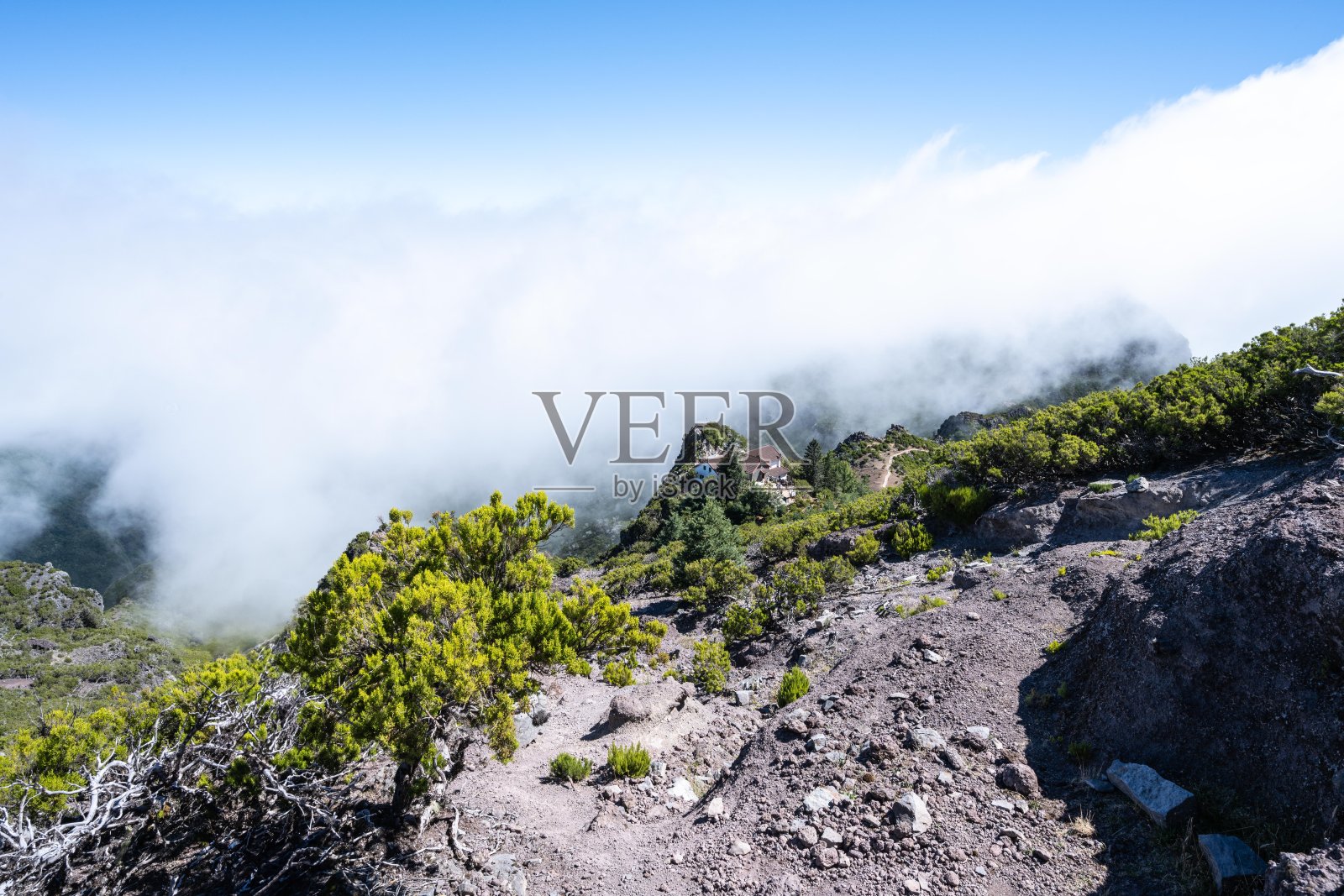 中午时分在皮库鲁伊沃山顶俯瞰美丽的山景。阿里埃罗山，葡萄牙马德拉岛，欧洲。照片摄影图片