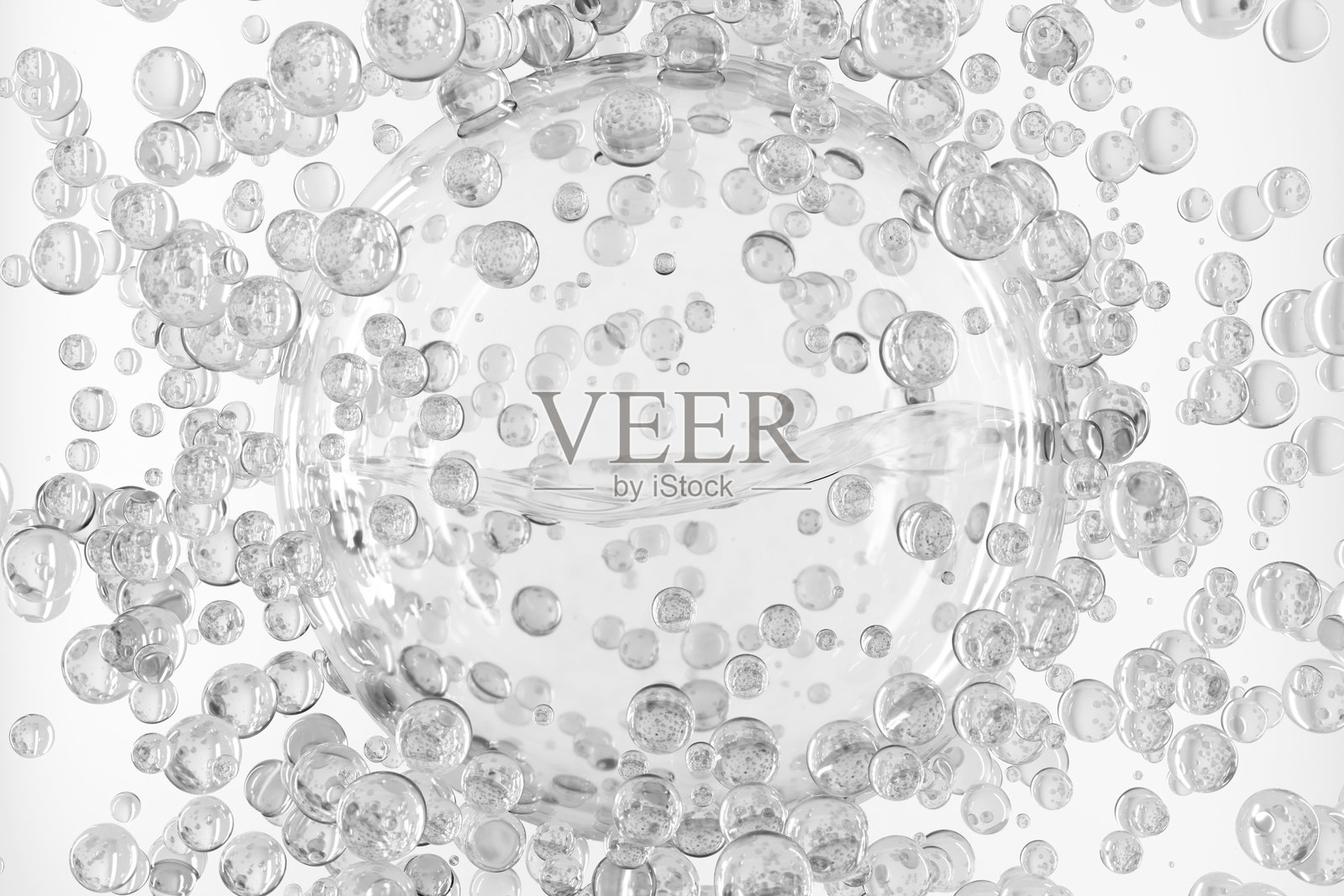 透明水滴与气泡。透明质酸。护肤化妆品。3D液体分子。美容与健康医学背景。特写。照片摄影图片