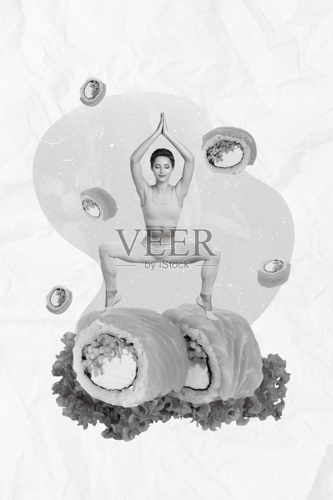 创意照片3D拼贴艺术作品，年轻女性推广健康生活方式，加州卷在绘画背景中独立展示。照片摄影图片