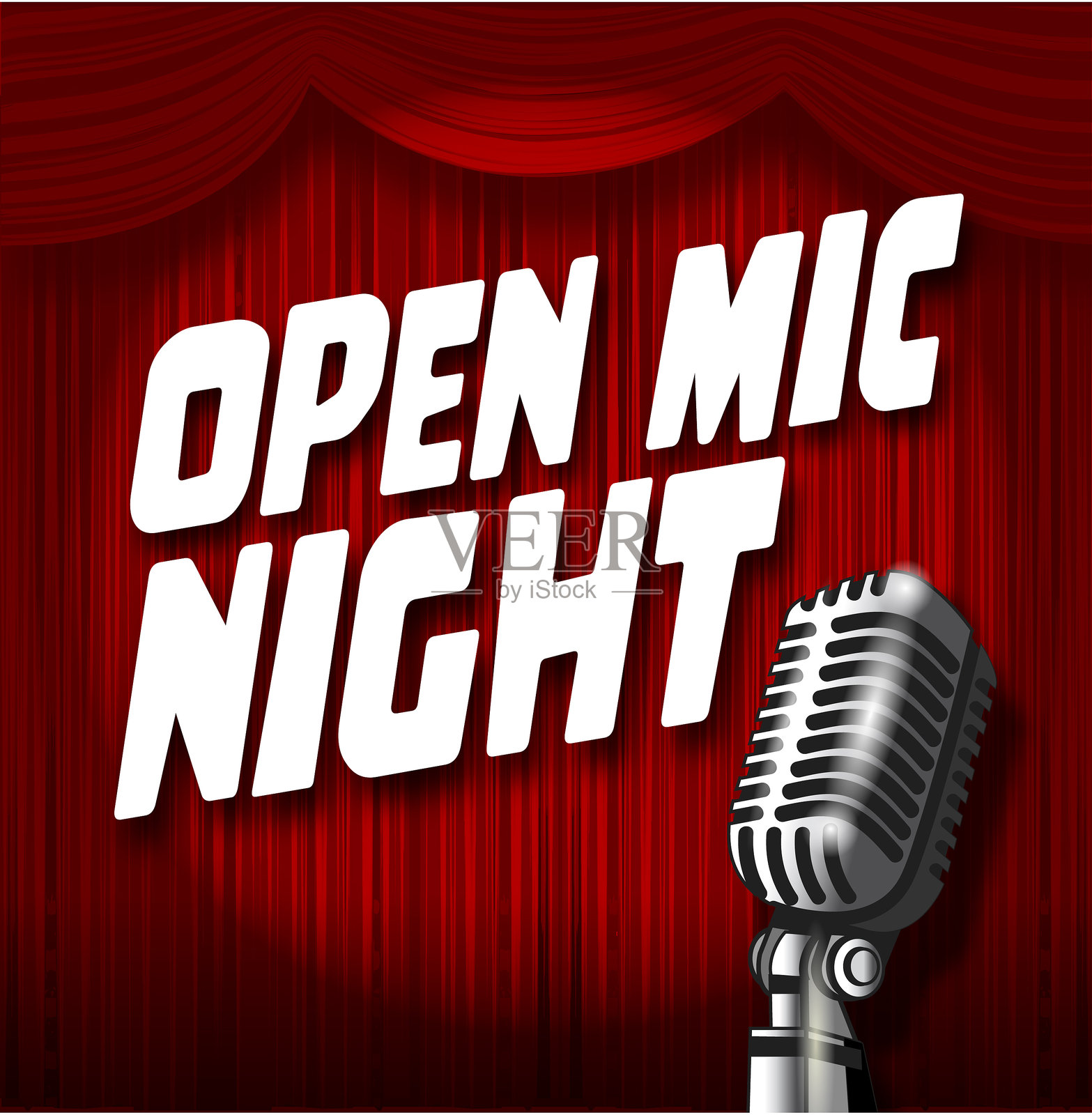 开放麦克风之夜红色舞台幕布广告设计概念，搭配复古麦克风，适用于餐厅和酒吧夜生活。插画图片素材