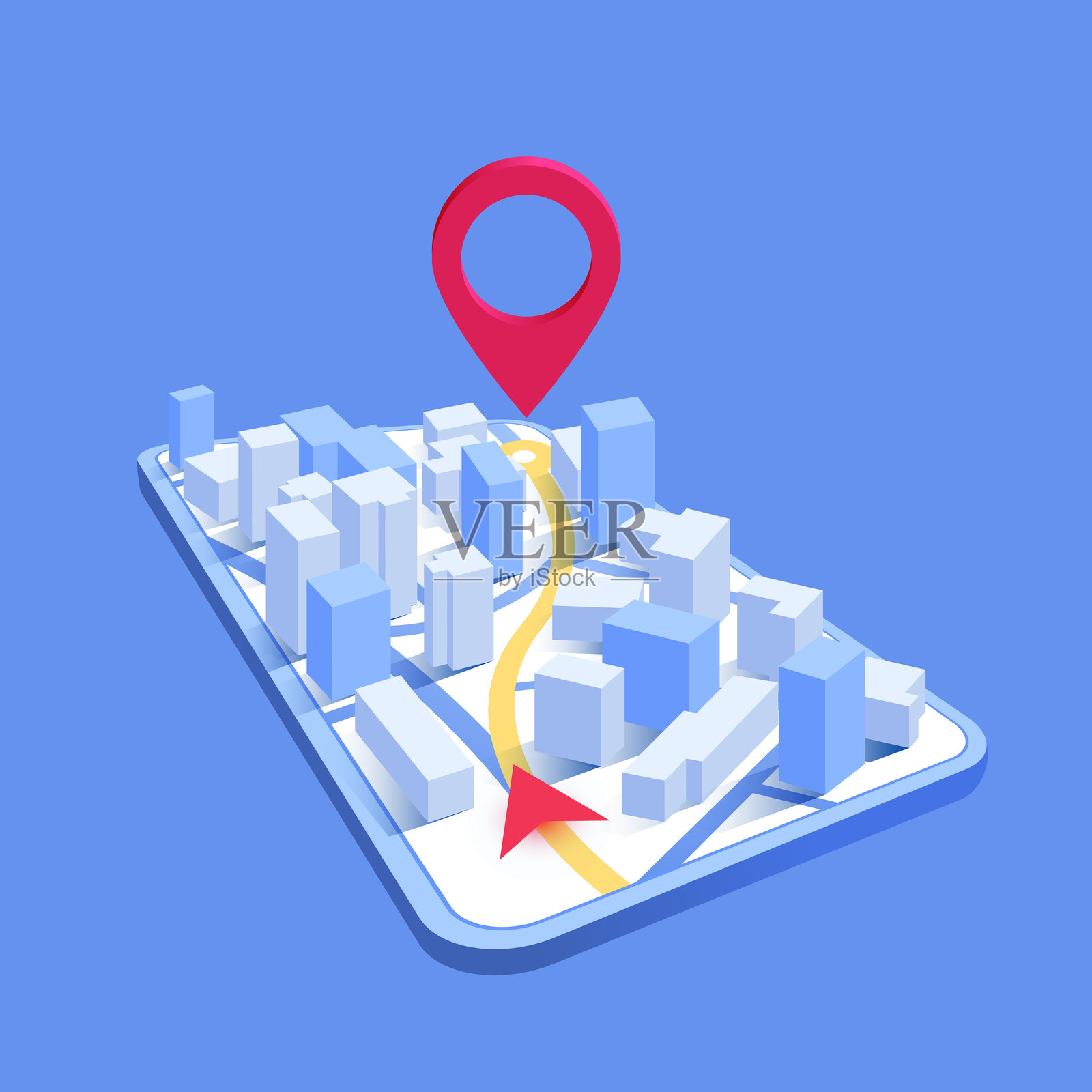 移动GPS导航，智能汽车位置和地图指示器。等距城市地图，带有方向指示标志和移动设备上的目标点。矢量插图插画图片素材