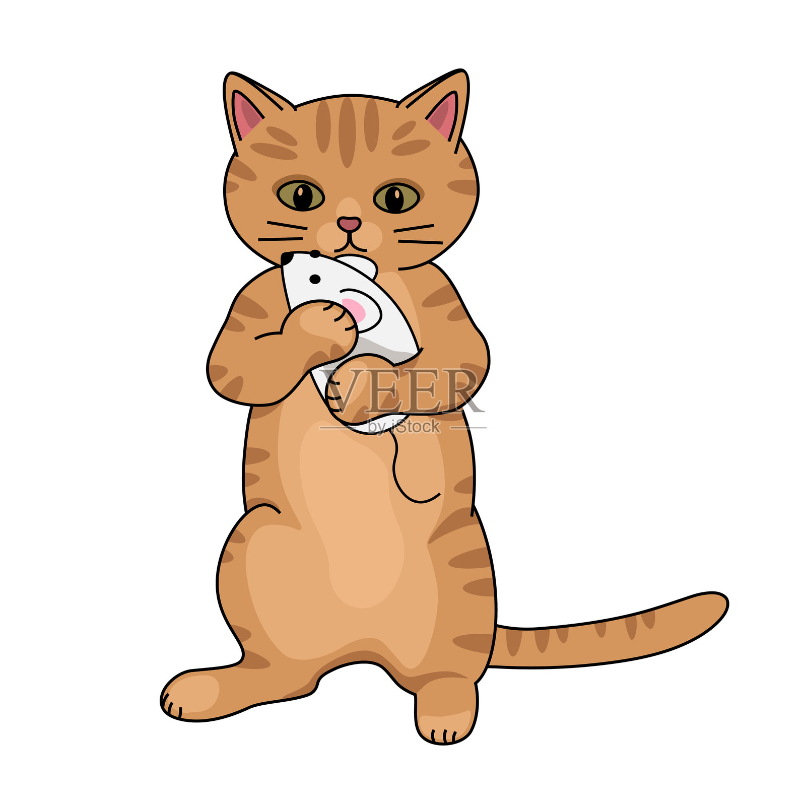 可爱的姜黄色小猫用爪子抓着一只玩具老鼠，色彩丰富的手绘矢量插图插画图片素材