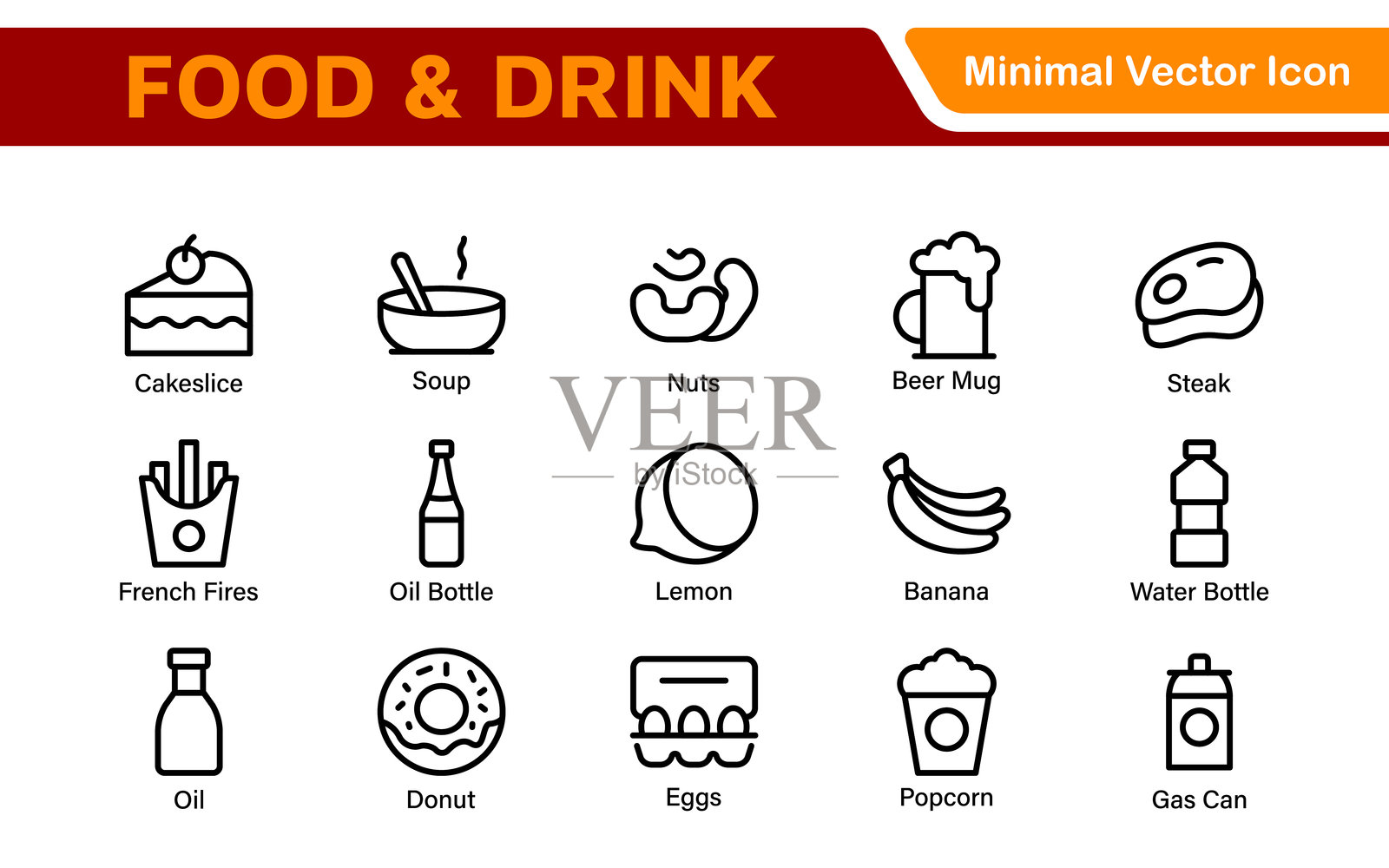 食品和饮料图标合集。基于矢量的图标，适用于烹饪、用餐、饮品、餐厅和快餐设计。插画图片素材