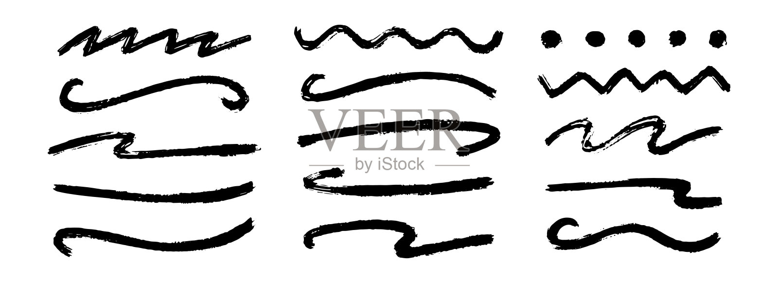 直线、锯齿线和波浪线的油漆线条组合。粗厚的素描笔触集合。用于突出、下划线和强调的粗糙炭笔曲线条纹。矢量手绘纹理蜡笔粉笔线条。插画图片素材