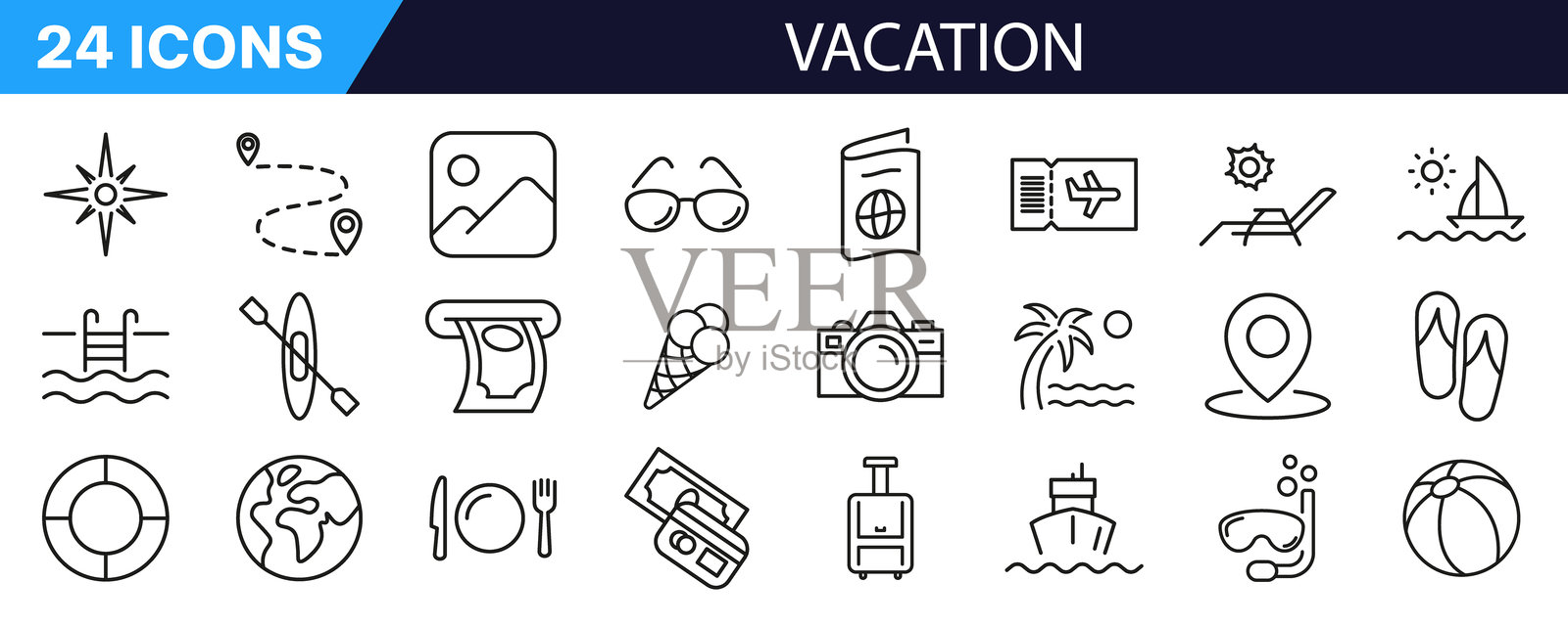 度假图标集。线条风格。夏季图标。插画图片素材
