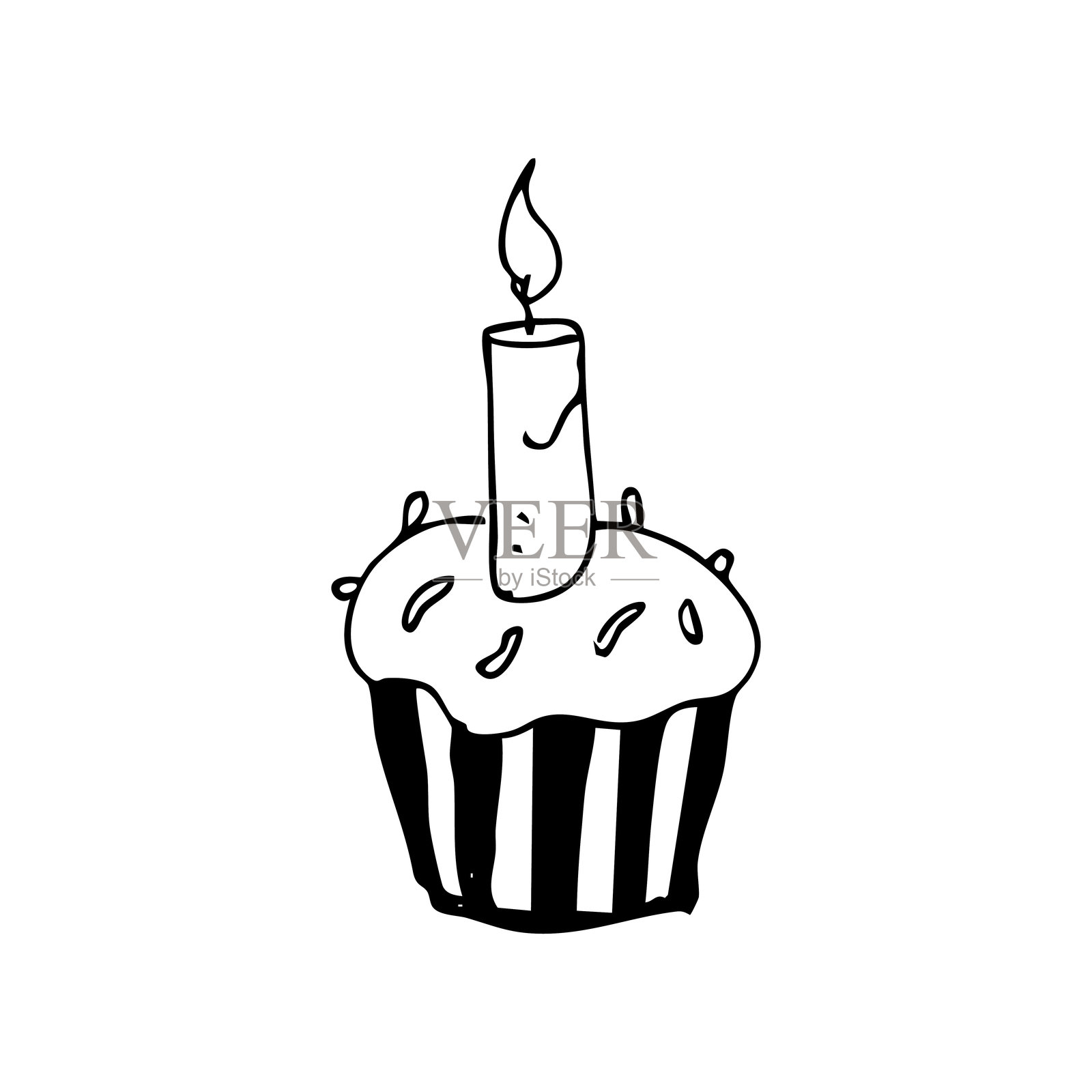手绘的生日杯子蛋糕上插着蜡烛插画图片素材