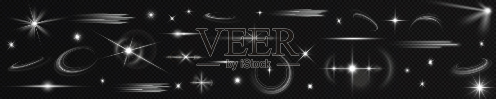 光效套件。孤立的白色透明光效套件，包括镜头光晕、爆炸、闪光、灰尘、线条、阳光闪烁、火花和星星、聚光灯、曲线旋转。阳光，抽象特效。插画图片素材