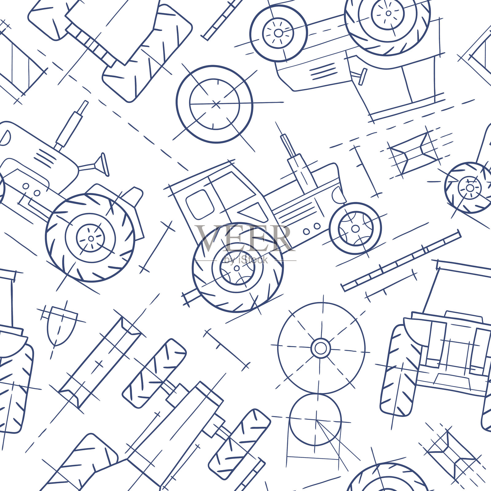 无缝图案，手绘矢量拖拉机蓝图。重型车辆草图设计。非常适合纺织品、壁纸或印刷设计。EPS10矢量文件。插画图片素材