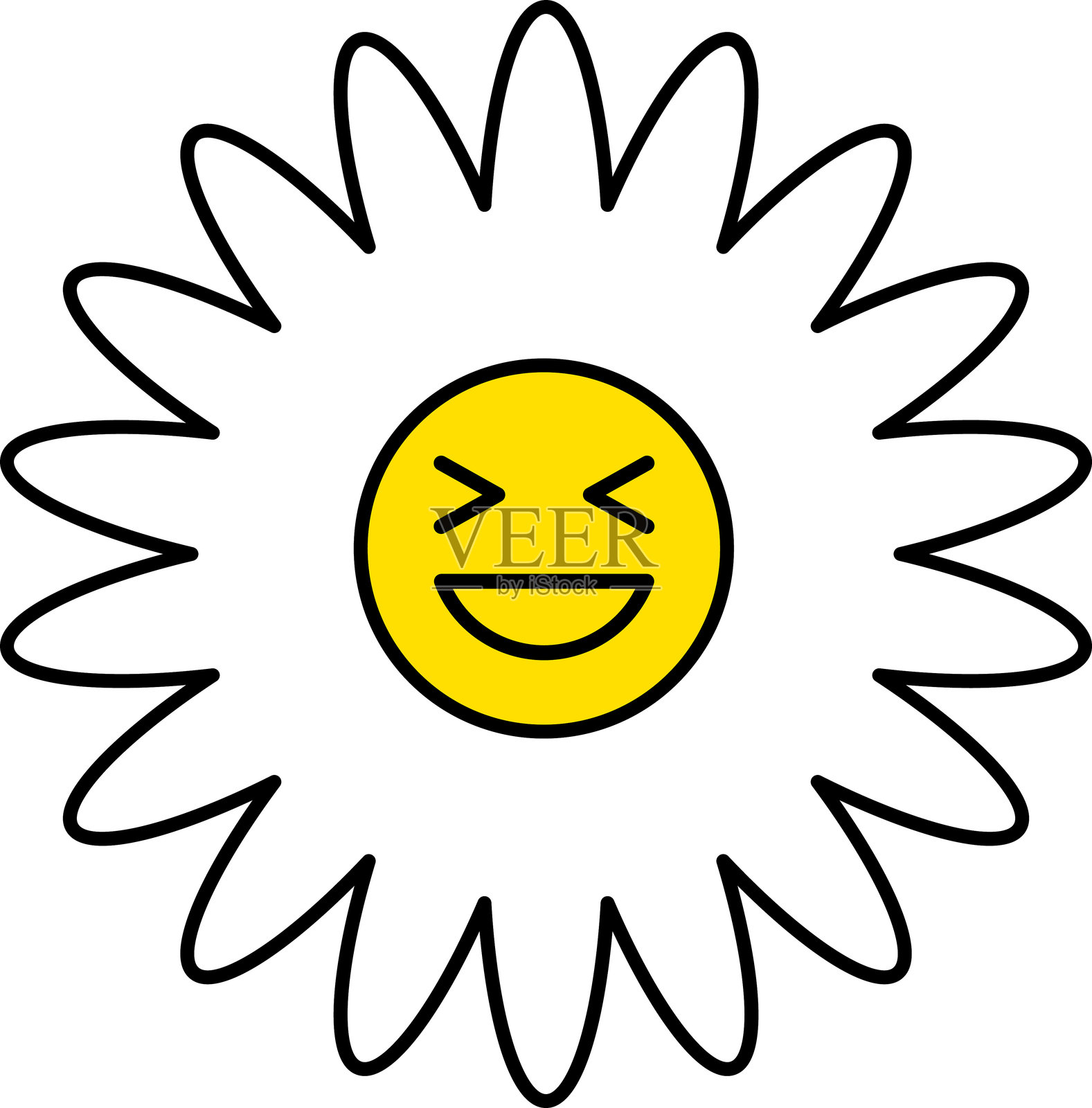 可爱多彩的春季快乐花朵集合，带有微笑的面孔。时尚的雏菊花朵套装。平面色彩图标。简单的花朵轮廓，复古风格的矢量插图。插画图片素材