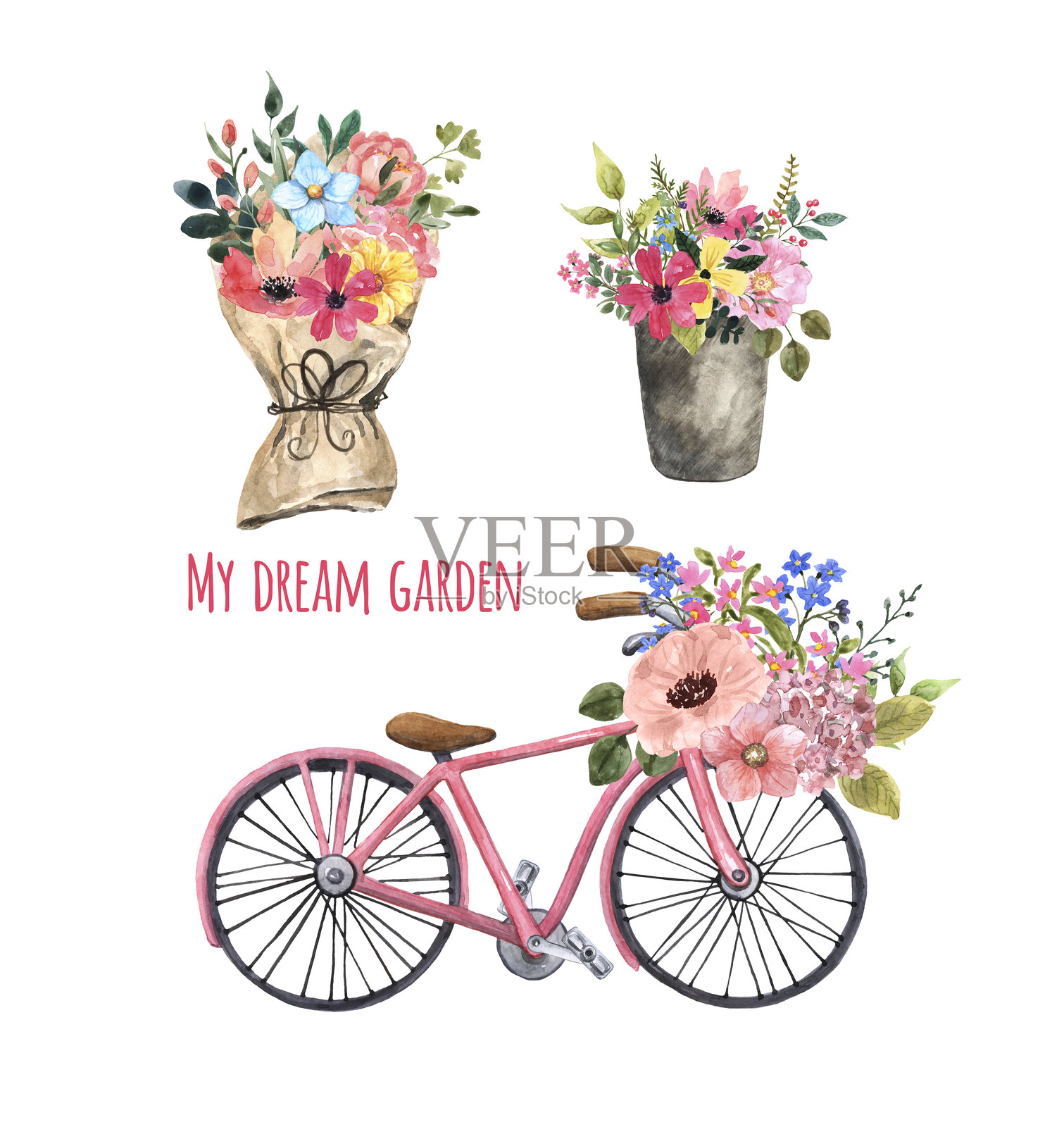 水彩可爱的春季花园套装，包括盛开的花束、乡村风格的铁桶、粉色可爱自行车和花卉篮子。装饰元素插图，背景为白色。插画图片素材